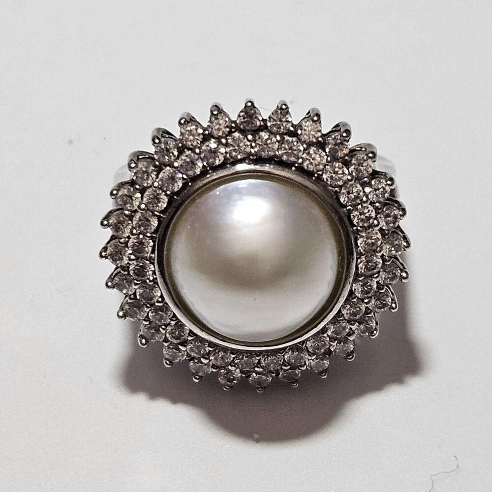 Heng Ngai Sterling Silver Faux Pearl Clear Rhinestone Cocktail Ring Sz 7